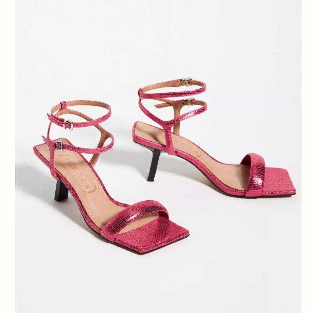NEW Vicenza Strappy Pink Metallic Square Toe Ankle Strap Heel Sandals Sz 7